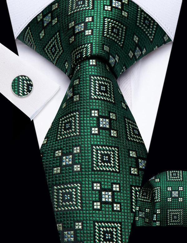 YourTies Dartmouth Green Geometric Pattern Silk Mens Necktie Set