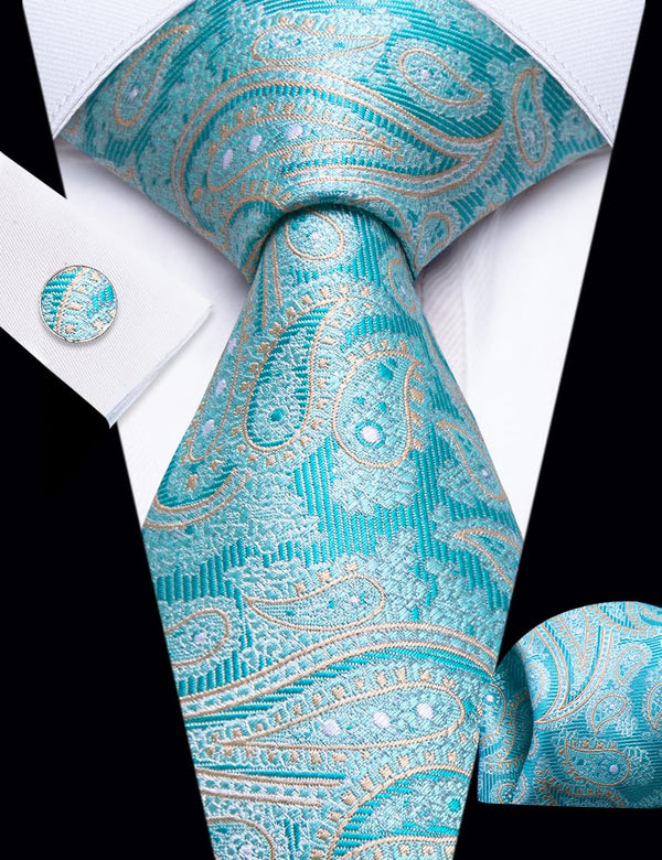 YourTies Teal Paisley Pattern Silk Mens Necktie Set