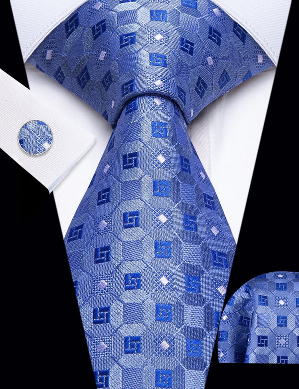 YourTies Steel Blue Plaid Pattern Silk Mens Necktie Set