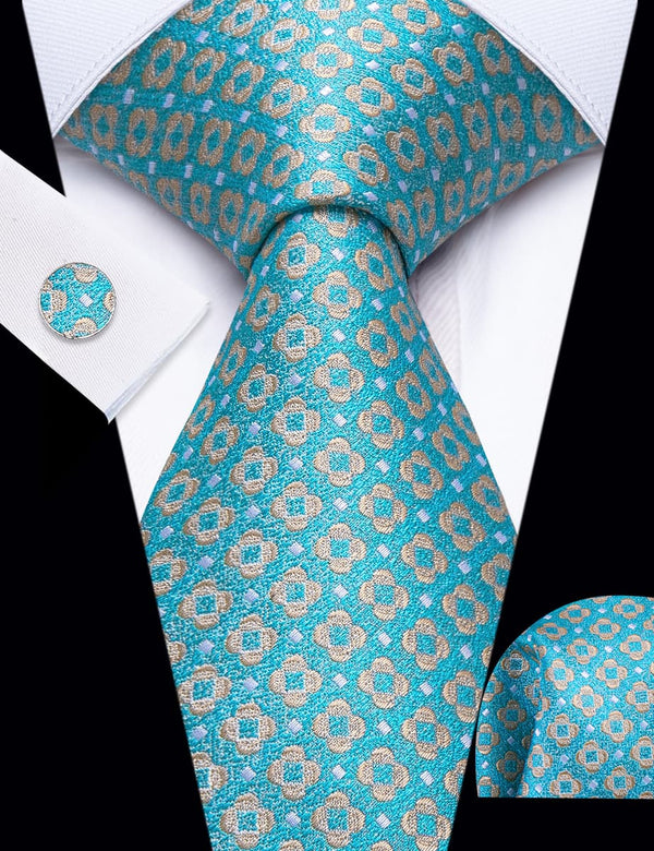 YourTies Pale Blue Tan Floral Pattern Silk Mens Necktie Set