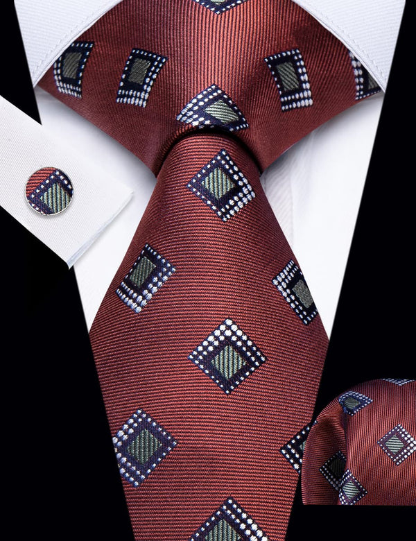 YourTies Dark Red Grey Plaid Pattern Silk Mens Necktie Set