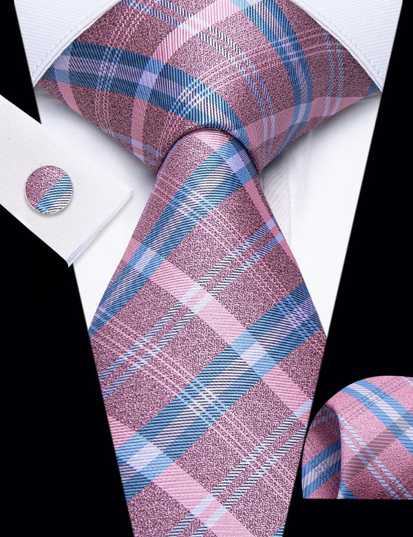 YourTies Light Pink Blue Striped Silk Mens Dress Necktie Set