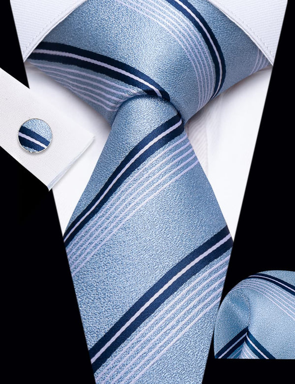 YourTies Light Blue Striped Silk Mens Dress Necktie Set