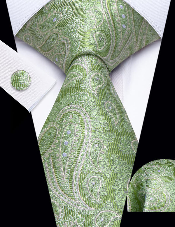 YourTies Olivine Green Paisley Pattern Silk Mens Necktie Set