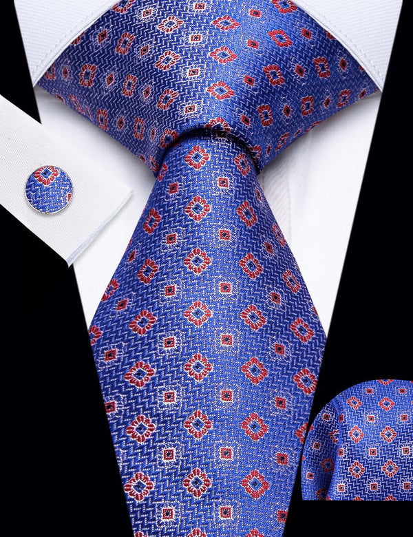 YourTies Blue Red Plaid Pattern Silk Mens Necktie Set