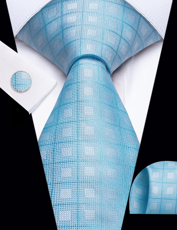 YourTies Baby Blue Plaid Pattern Silk Mens Necktie Set