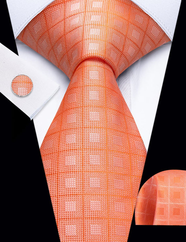 YourTies Light Orange Plaid Pattern Silk Mens Necktie Set