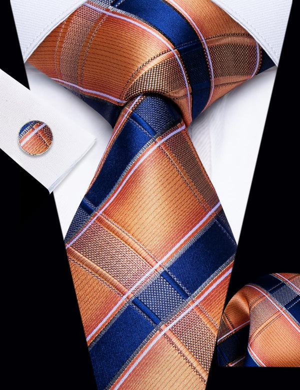 YourTies Orange Navy Blue Striped Silk Mens Dress Necktie Set