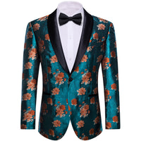 YourTies Teal Blue Orange Floral Silk Shawl Collar Suit for Men