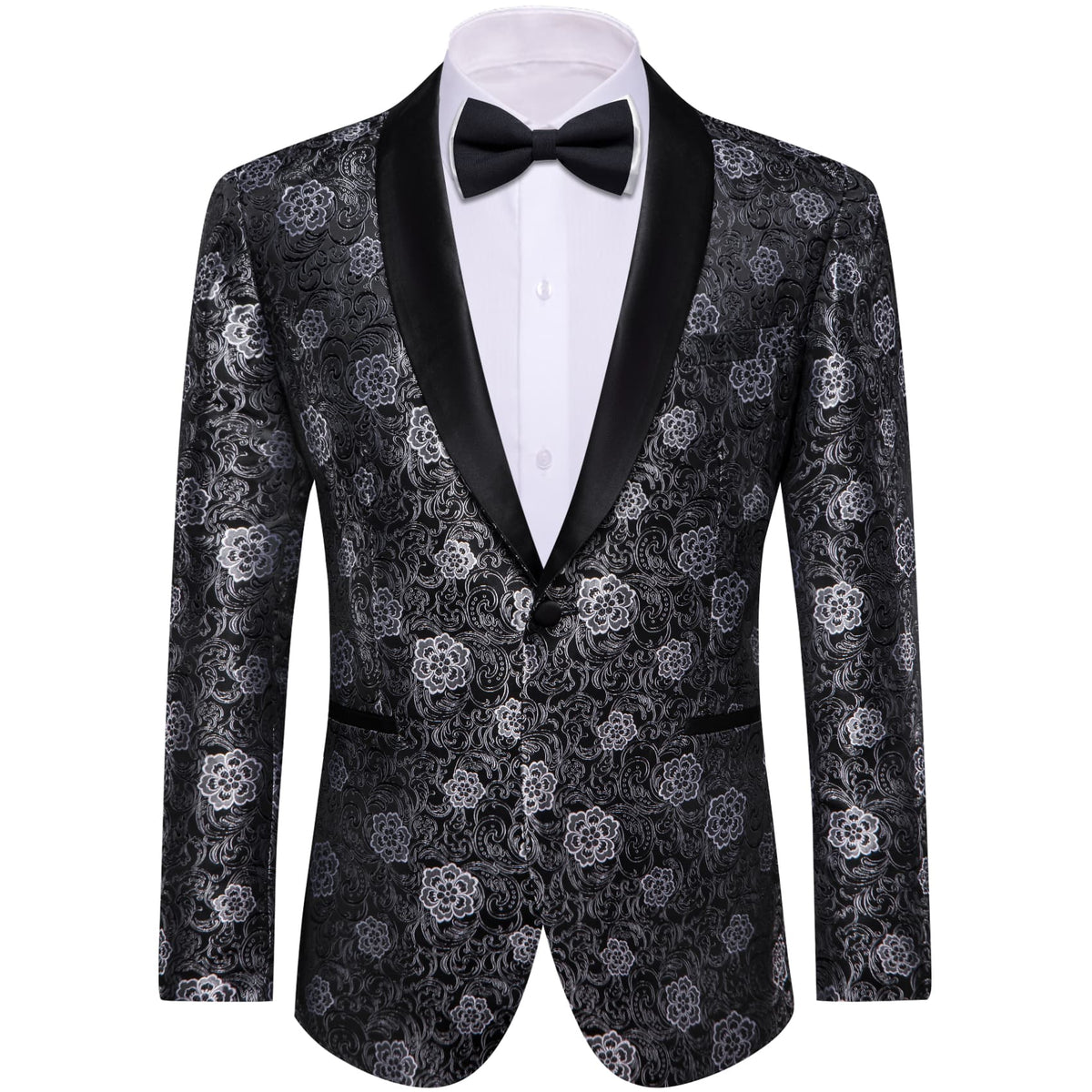 YourTies Black White Floral Silk Shawl Collar Suit for Men