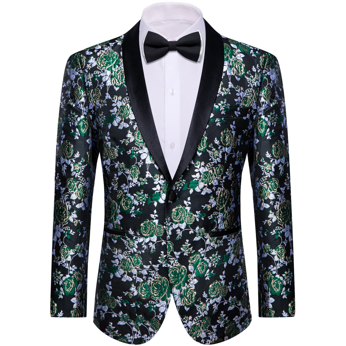 YourTies Dark Green Silver Floral Silk Shawl Collar Slim Fit Suit for Men