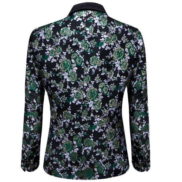 YourTies Dark Green Silver Floral Silk Shawl Collar Slim Fit Suit for Men