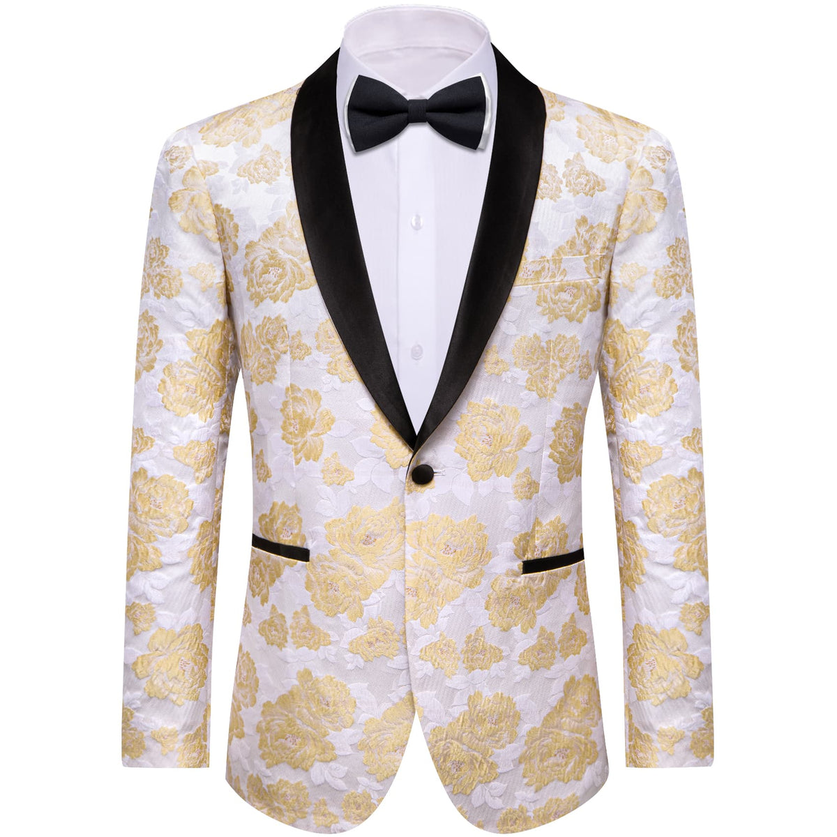 YourTies White Champagne Floral Silk Shawl Collar Slim Fit Suit for Men