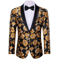 YourTies Black Orange Floral Silk Shawl Collar Slim Fit Suit for Men