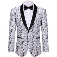 YourTies White Black Jacquard Floral Silk Shawl Collar Slim Fit Suit for Men