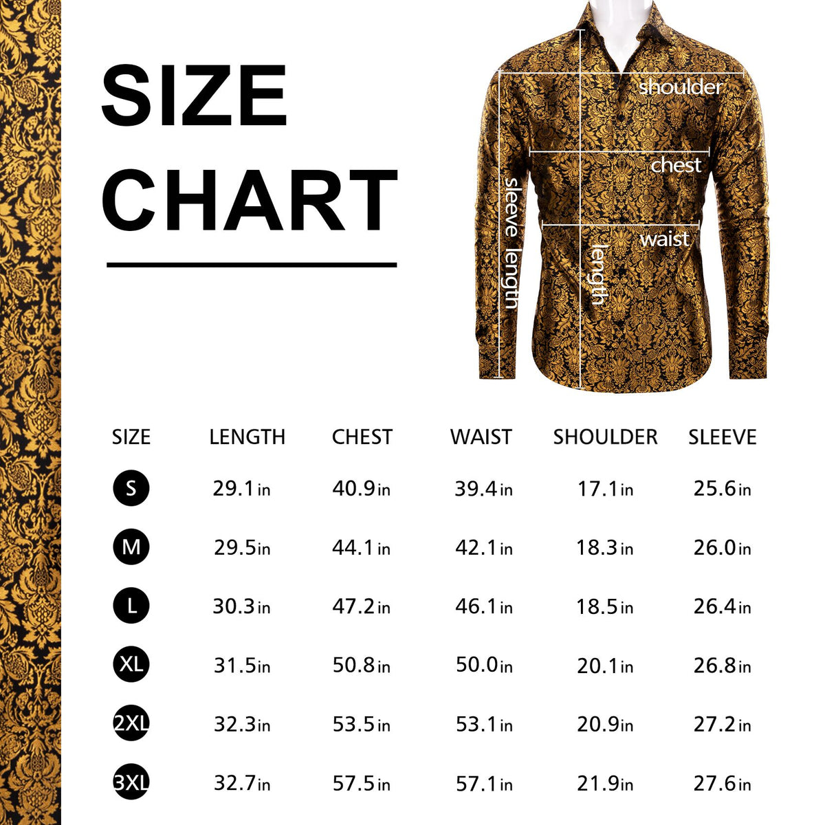 size chart for Men's Windsor Collar Long Sleeve Shirt