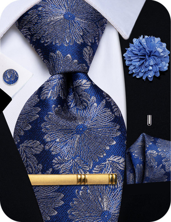 YourTies Navy Blue Floral Mens Silk Necktie Clip Set with Brooch