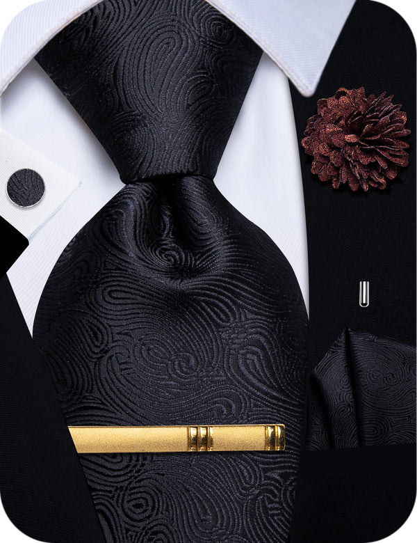 YourTies Black Paisley Mens Silk Necktie Clip Set with Brooch