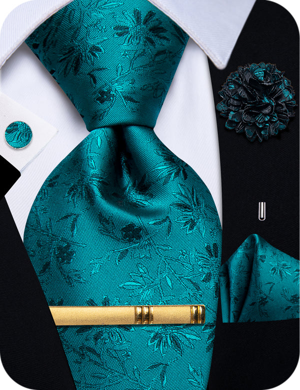 YourTies Deep Teal Floral Mens Silk Necktie Clip Set with Brooch