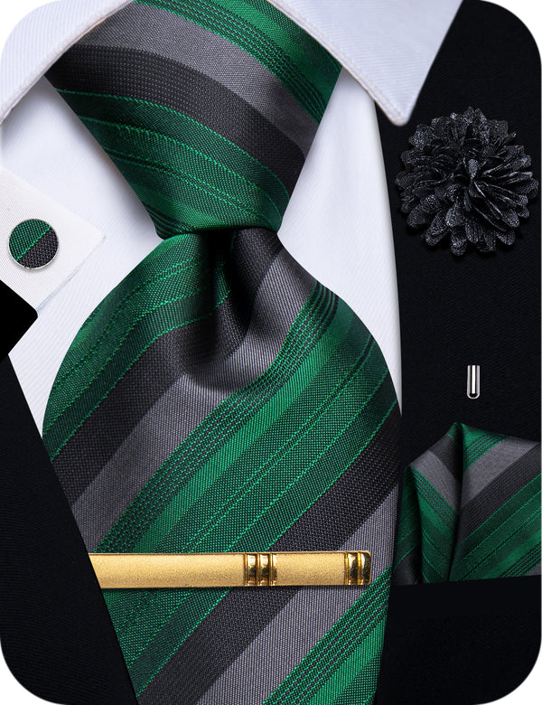 YourTies Green Black Striped Mens Silk Necktie Clip Set with Brooch