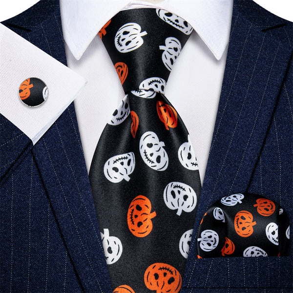 YourTies  Black Orange Pumpkin Halloween Necktie Hanky Cufflinks Set