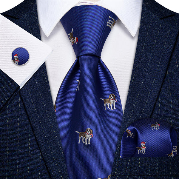 YourTies Blue Christmas Necktie Animal Dog Silk Necktie Set