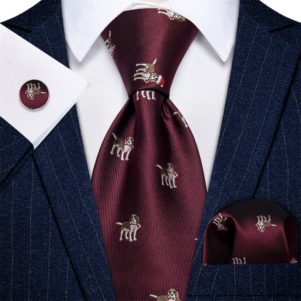 YourTies Dark Red Christmas Necktie Animal Dog Silk Necktie Set