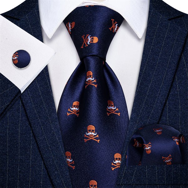 YourTies Halloween Necktie Novelty Blue Orange Skull Necktie Set