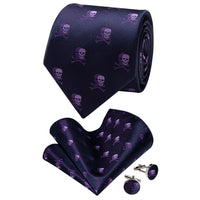 YourTies Dark Purple Skull Halloween Necktie Hanky Cufflinks Set