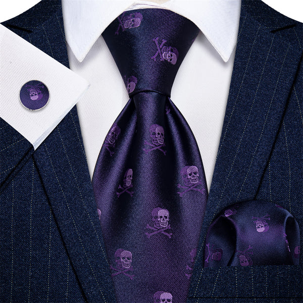 YourTies Dark Purple Skull Halloween Necktie Hanky Cufflinks Set