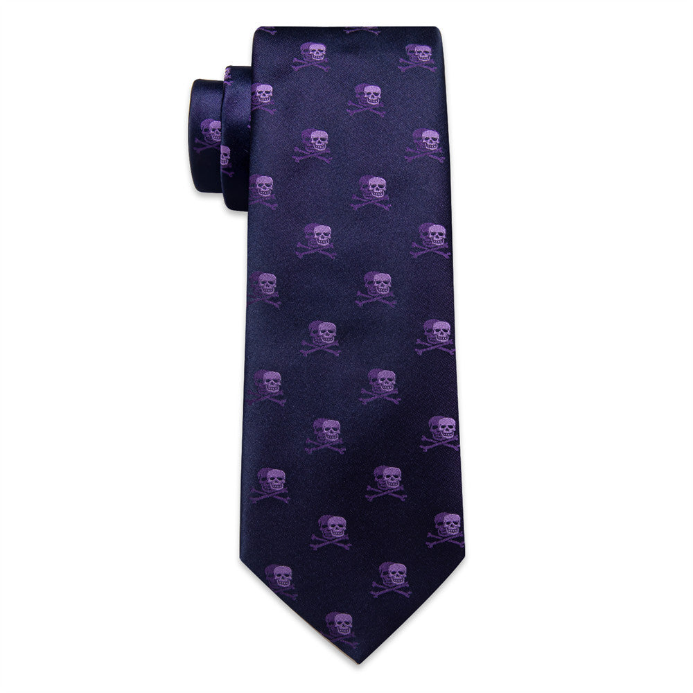 YourTies Dark Purple Skull Halloween Necktie Hanky Cufflinks Set