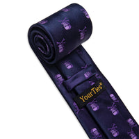 YourTies Dark Purple Skull Halloween Necktie Hanky Cufflinks Set