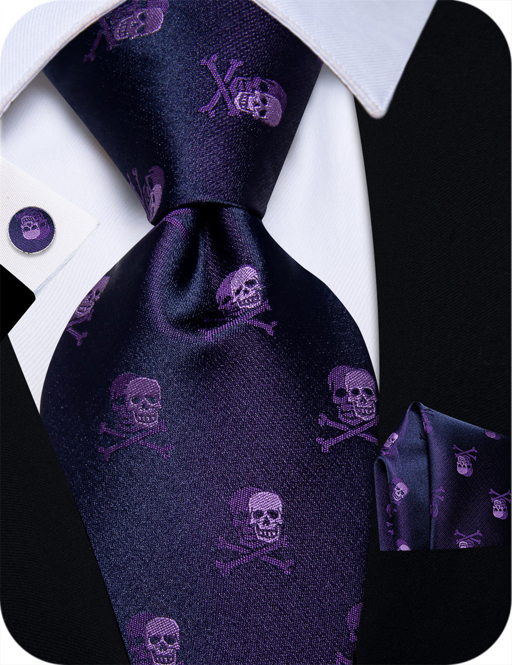 YourTies Dark Purple Skull Halloween Necktie Hanky Cufflinks Set