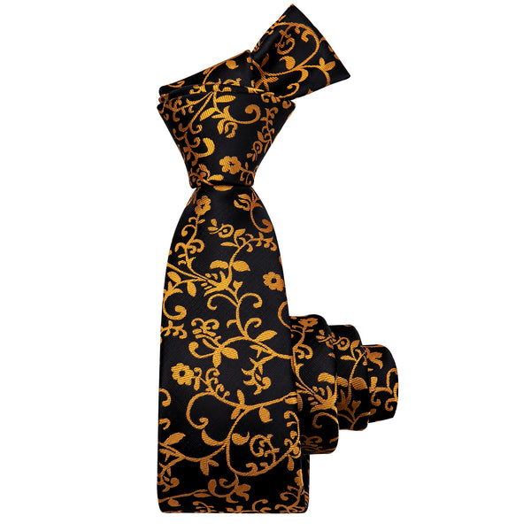 Black Golden Floral Skinny Necktie with Silver Tie Clip