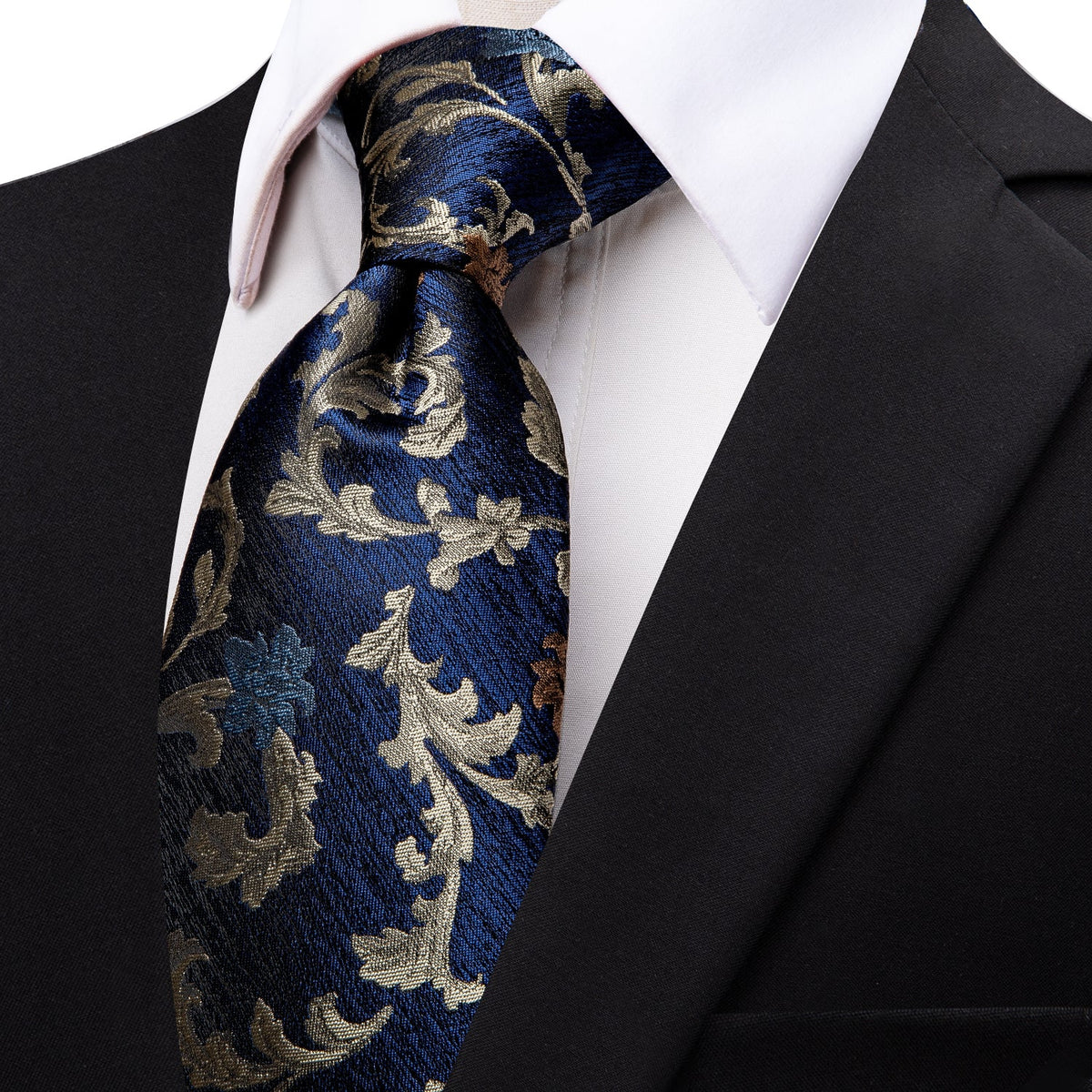 black suite white shirt blue tie 