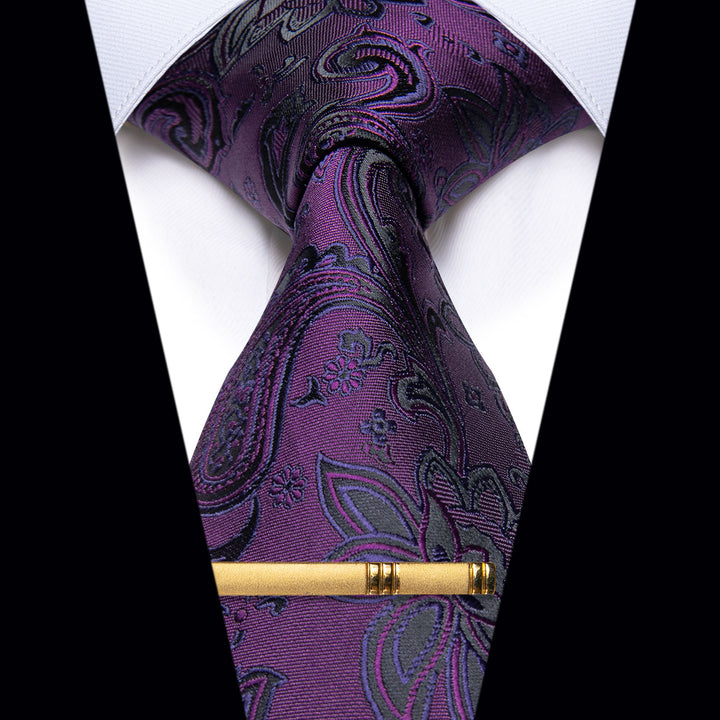 Deep Purple Ties Paisley Silk Single Necktie with Tie Clip