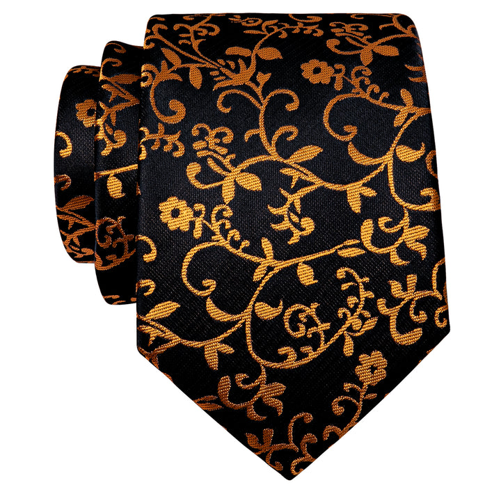  Floral Tie Black Golden Floral Silk Necktie Golden Tie Clip