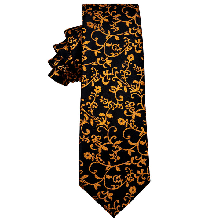  Floral Tie Black Golden Floral Silk Necktie Golden Tie Clip