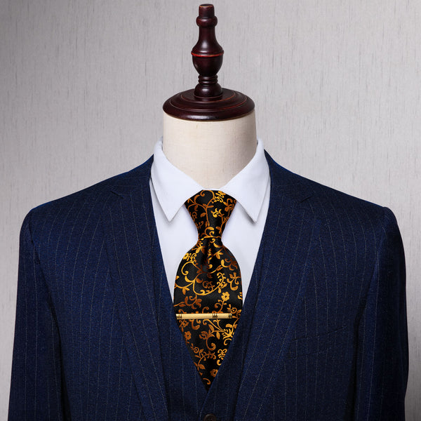  Floral Tie Black Golden Floral Silk Necktie Golden Tie Clip