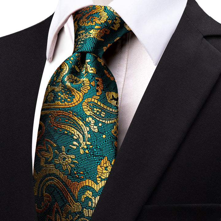 YourTies Teal Blue Tie Golden Paisley Silk Necktie for Men