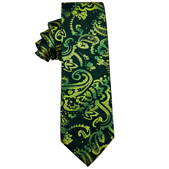 Green Paisley Silk Necktie with Golden Tie Clip