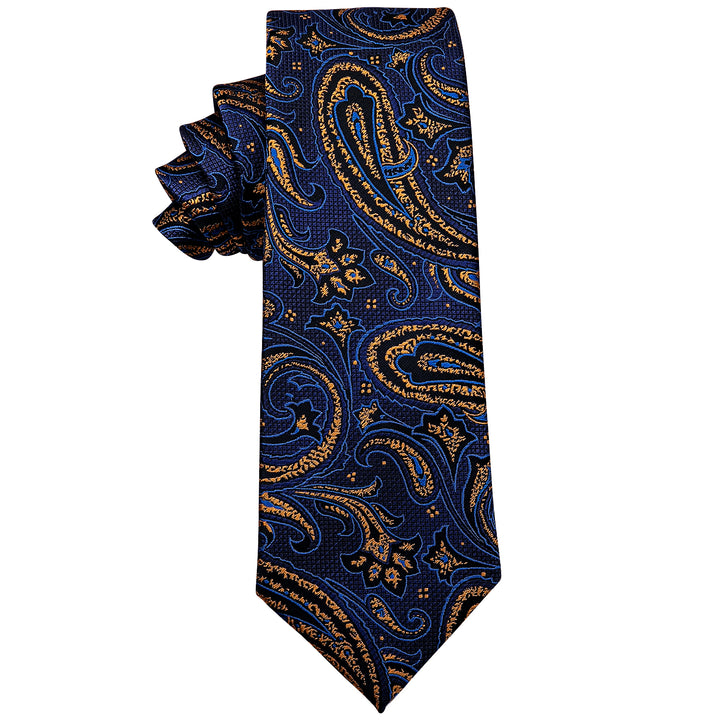 YourTies Dark Blue Golden Paisley Silk Necktie with Golden Tie Clip