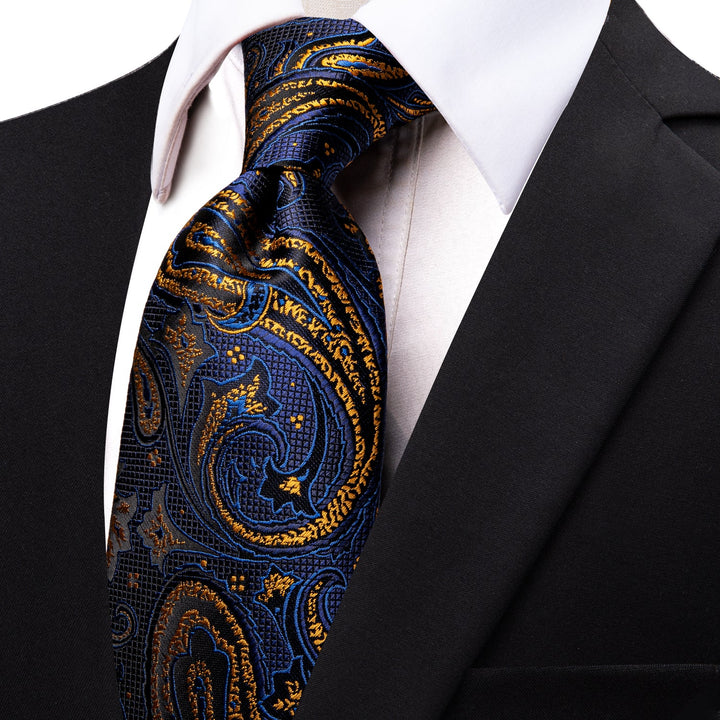 YourTies Dark Blue Golden Paisley Jacquard Silk Necktie