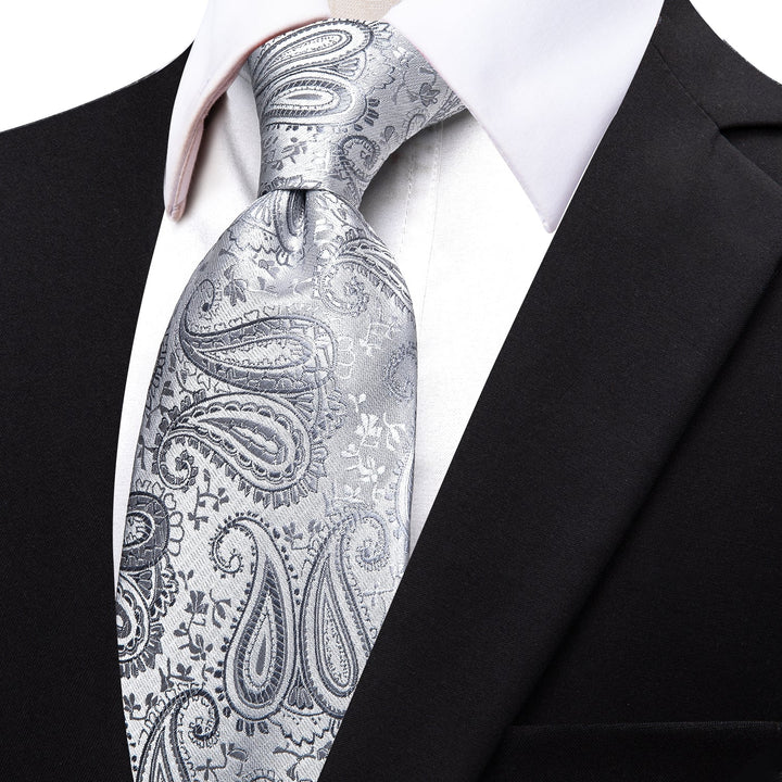 Silver Grey Paisley Silk Necktie