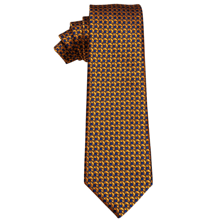 YourTies Golden Blue Plaid Silk Necktie with Golden Tie Clip