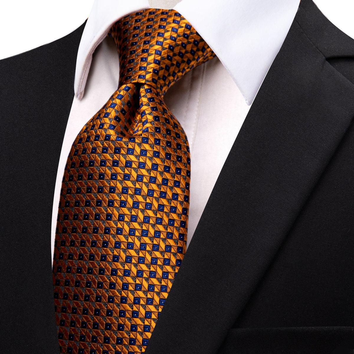 Blue  Golde Necktie Plaid  tie with white polka dots on black suit white shirt 