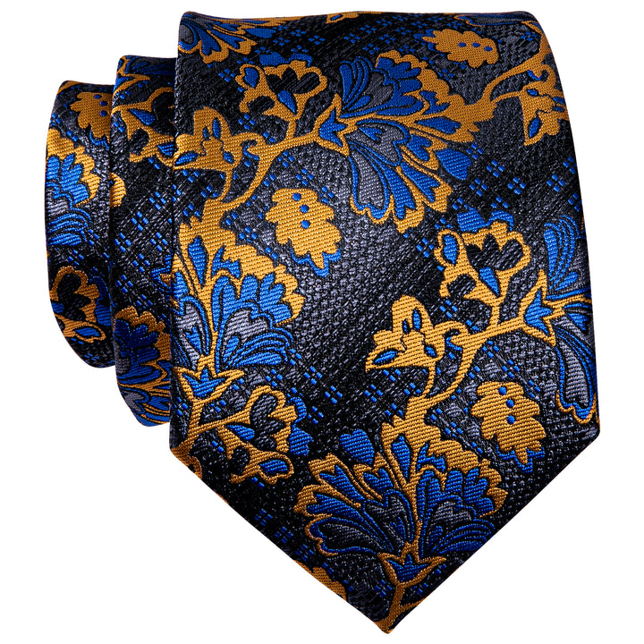 Dark Grey Blue Floral Pre-tied Bowtie Necktie Golden Clip Set