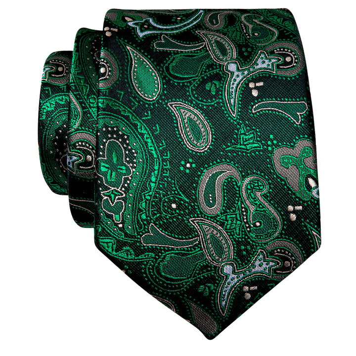 Fashion Green Paisley Silk Mens Necktie with Golden Tie Clip