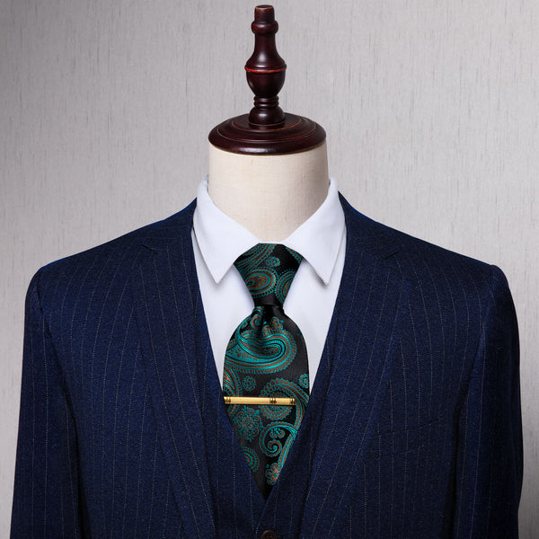Teal Blue Black Green Paisley Silk Tie with Golden Tie Clip
