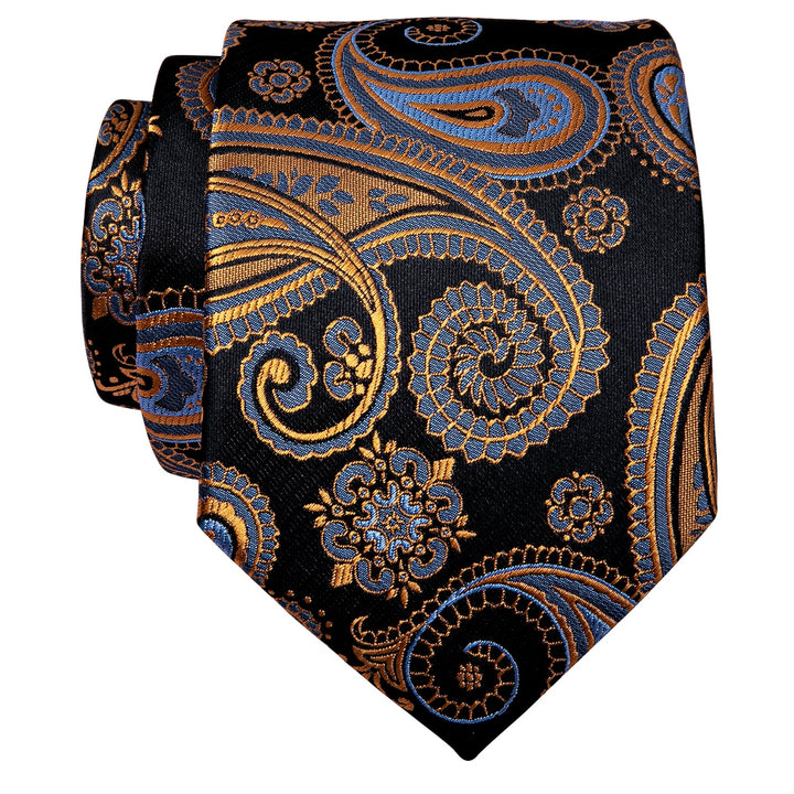 Mens Luxury Black Wedding Tie Golden Paisley Silk Necktie